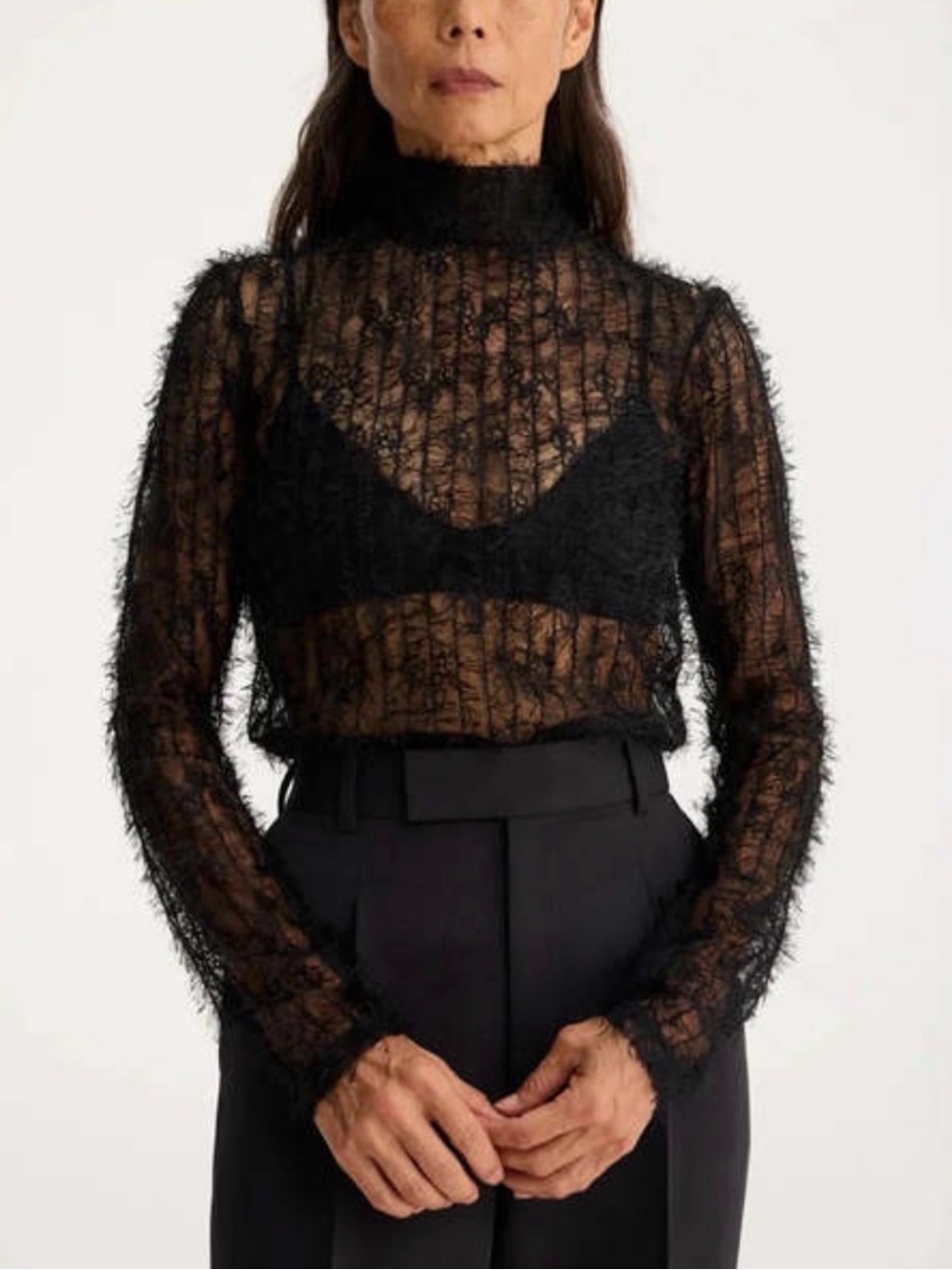 Rhe - High Neck Textured Sheer Top Black